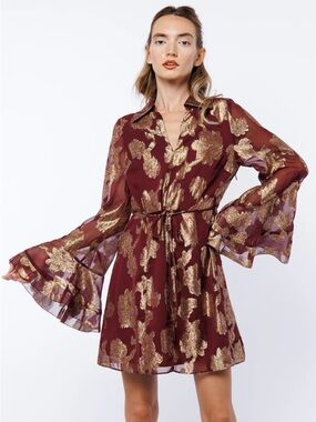 knee length dresses for ladies Printed Tie Neck Long Sleeve Maxi Dress – Charming Charlie main image 1